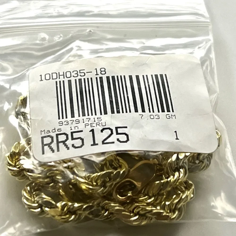 New 10K Yellow Gold 18” Diamond-Cut Rope Chain Necklace – 4.9mm Semi-Solid